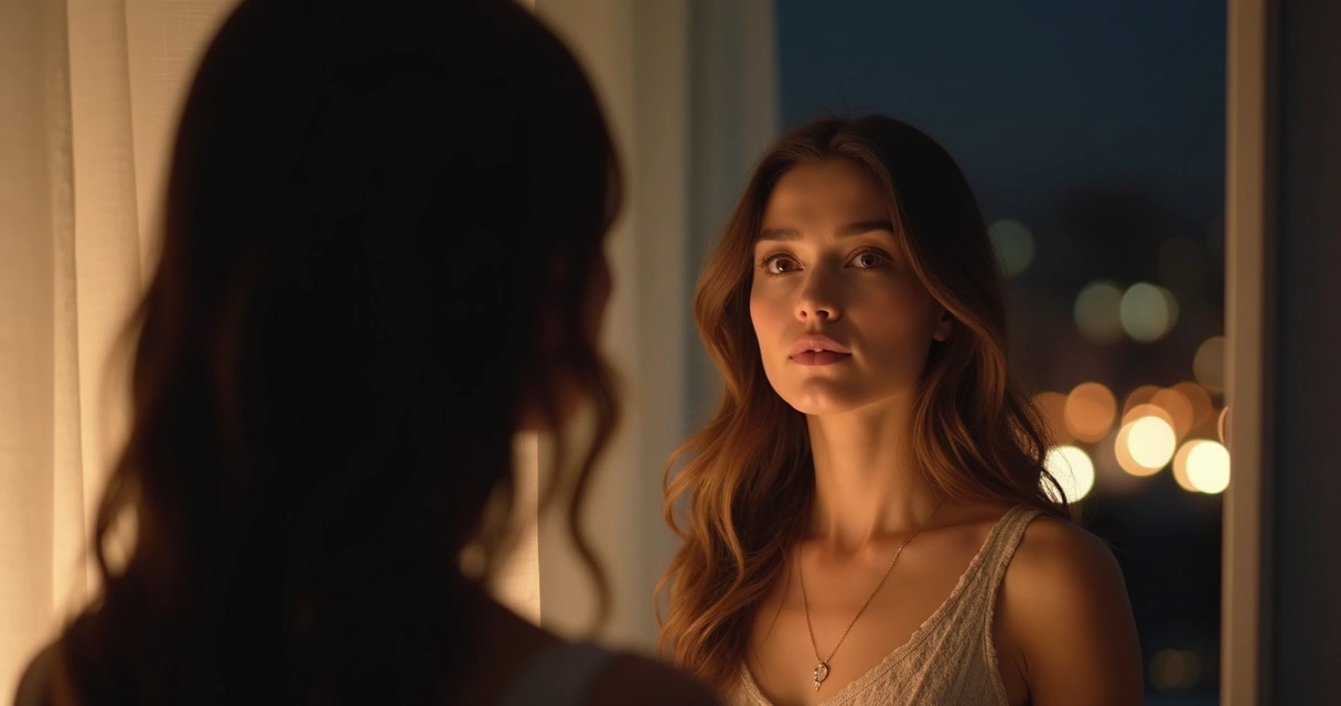 Woman looking thoughtfully in mirror with city lights in background 