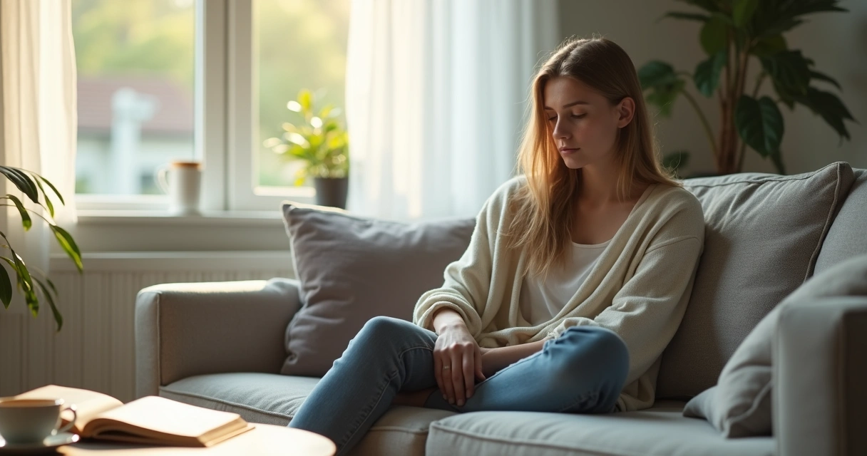 Woman sitting on sofa looking tired and distant