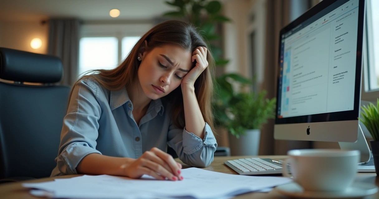 Tired woman at desk resting her head on her hand 