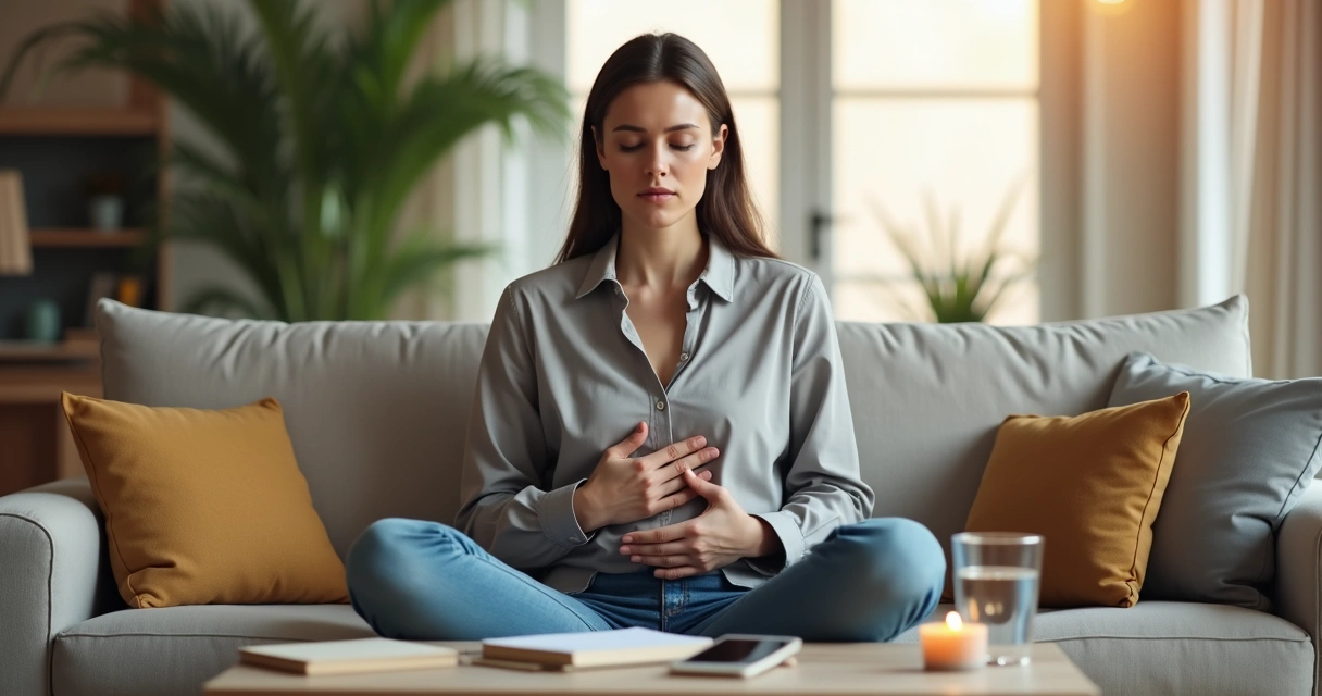 Person practicing mindful breathing to manage emotional trigger 