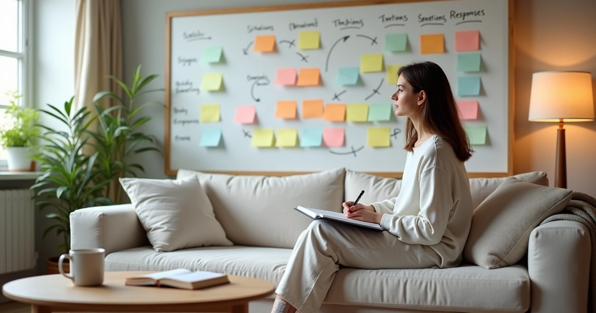 Person mapping emotional triggers with notes on a wall at home 
