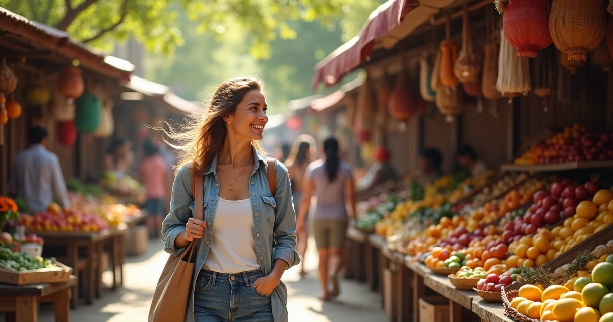 Woman exploring local open-air market alone 