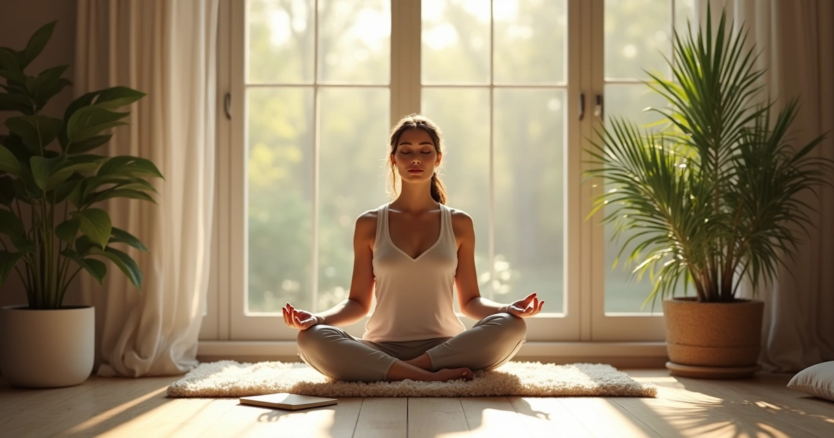 Woman sitting on a cushion in sunlight, meditating by a large window
