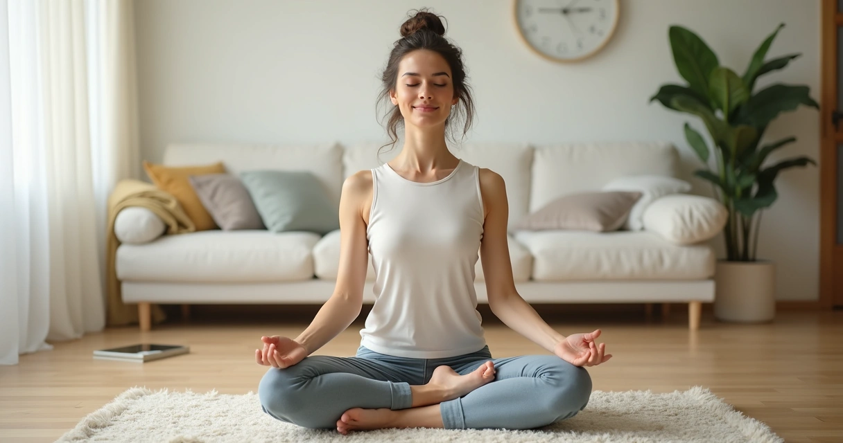 Woman sitting cross-legged indoors practicing calm breath awareness 