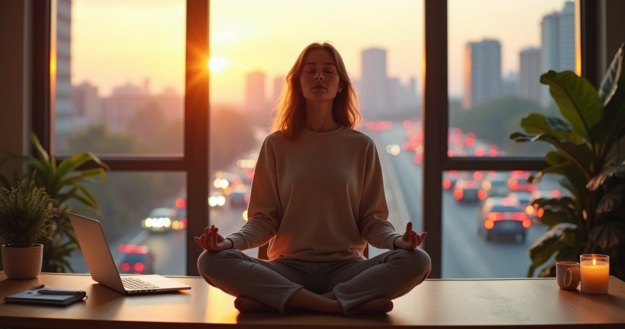 Woman meditating at a desk with a busy city in the background 