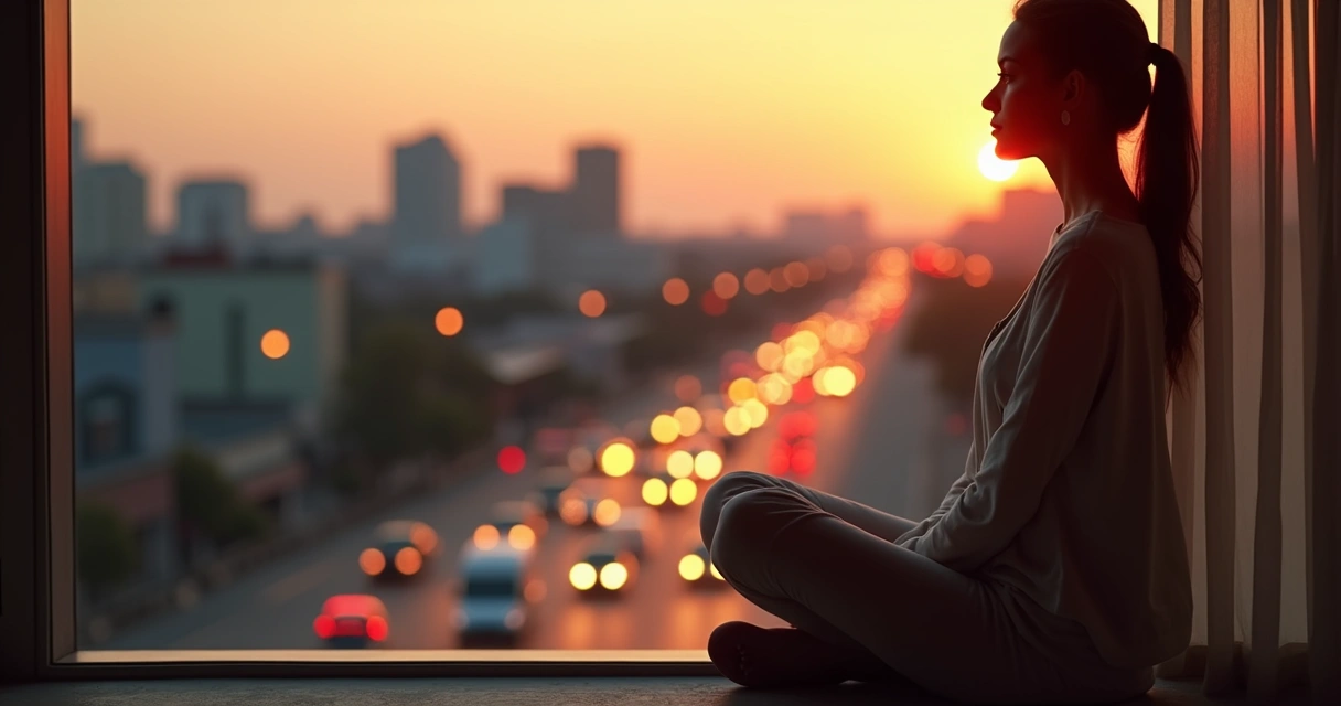 Woman meditating on a city balcony during sunset, traffic and buildings in the background.