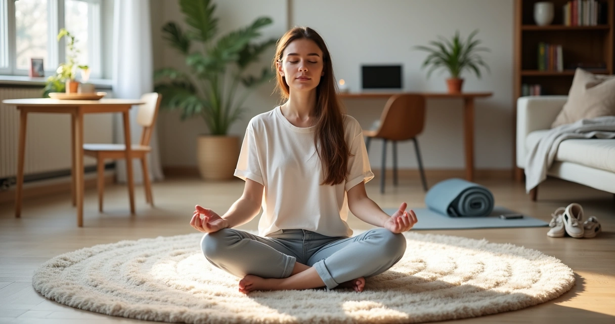 Woman meditating calmly surrounded by everyday life scenes 