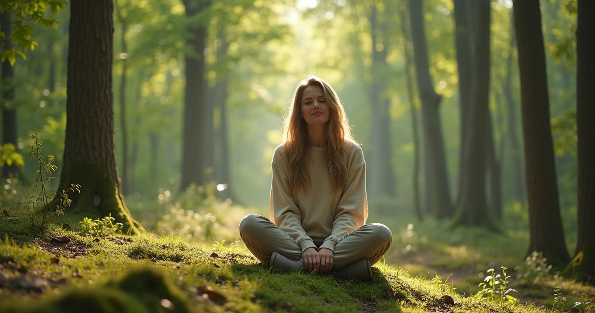 Woman sitting cross-legged meditating in forest sunlight 