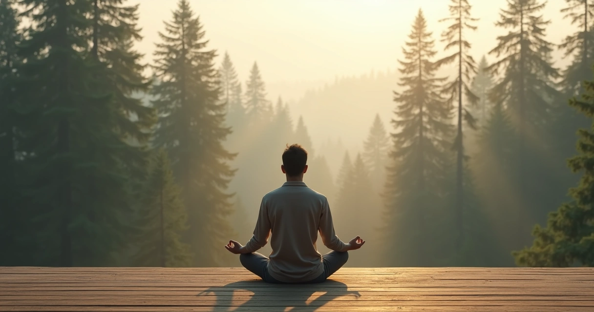 Person meditating in silence on a wooden deck surrounded by a calm forest 