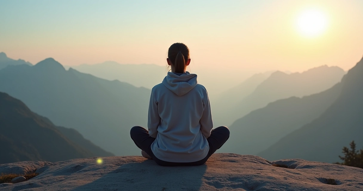 Person meditating on a mountain at sunrise with clear sky and soft light 