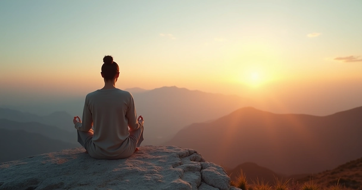 Person meditating on mountain at sunrise with clear sky and soft light 