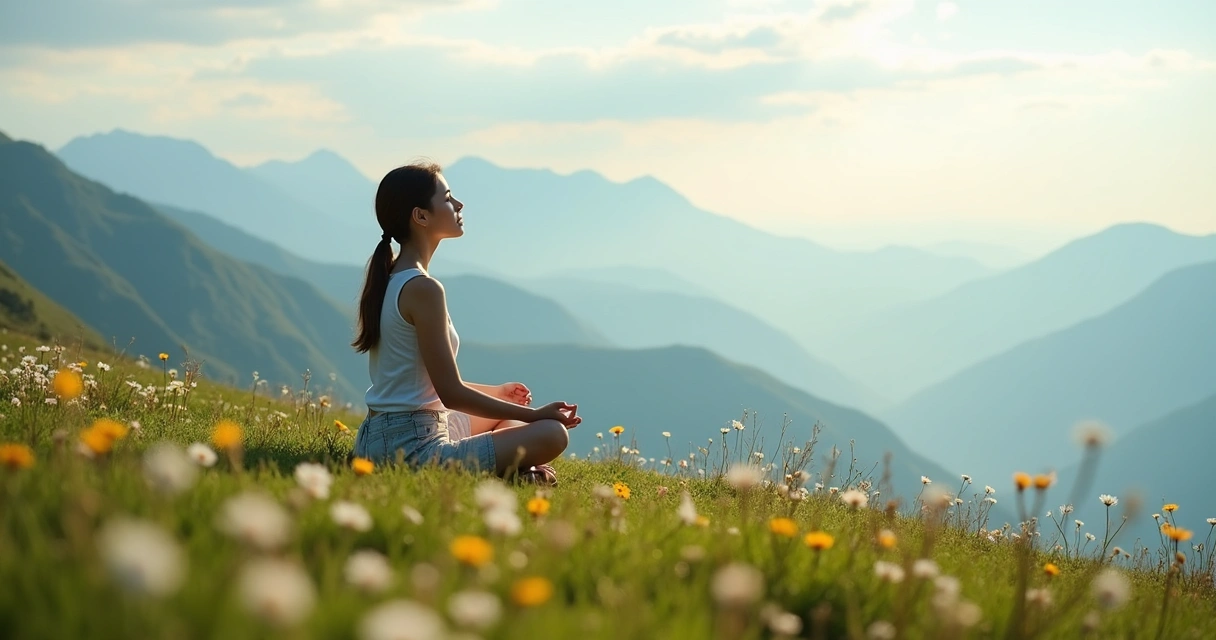 Woman meditating outdoors with mountains in background