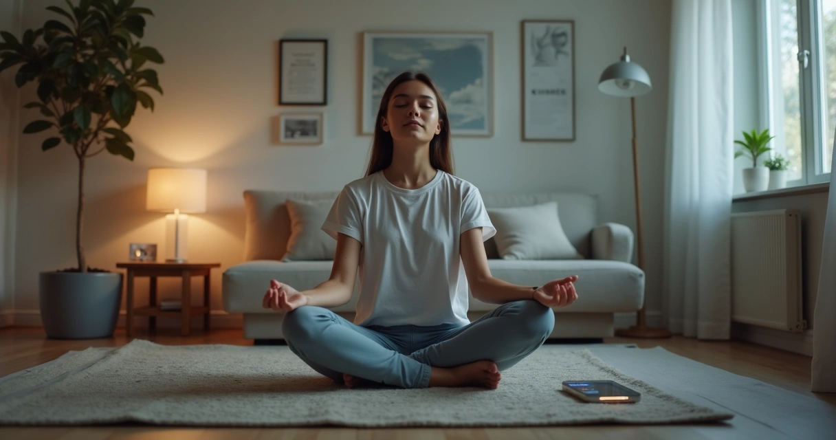 Young woman sitting cross-legged, eyes closed, smartphone glowing beside her on a clear table 