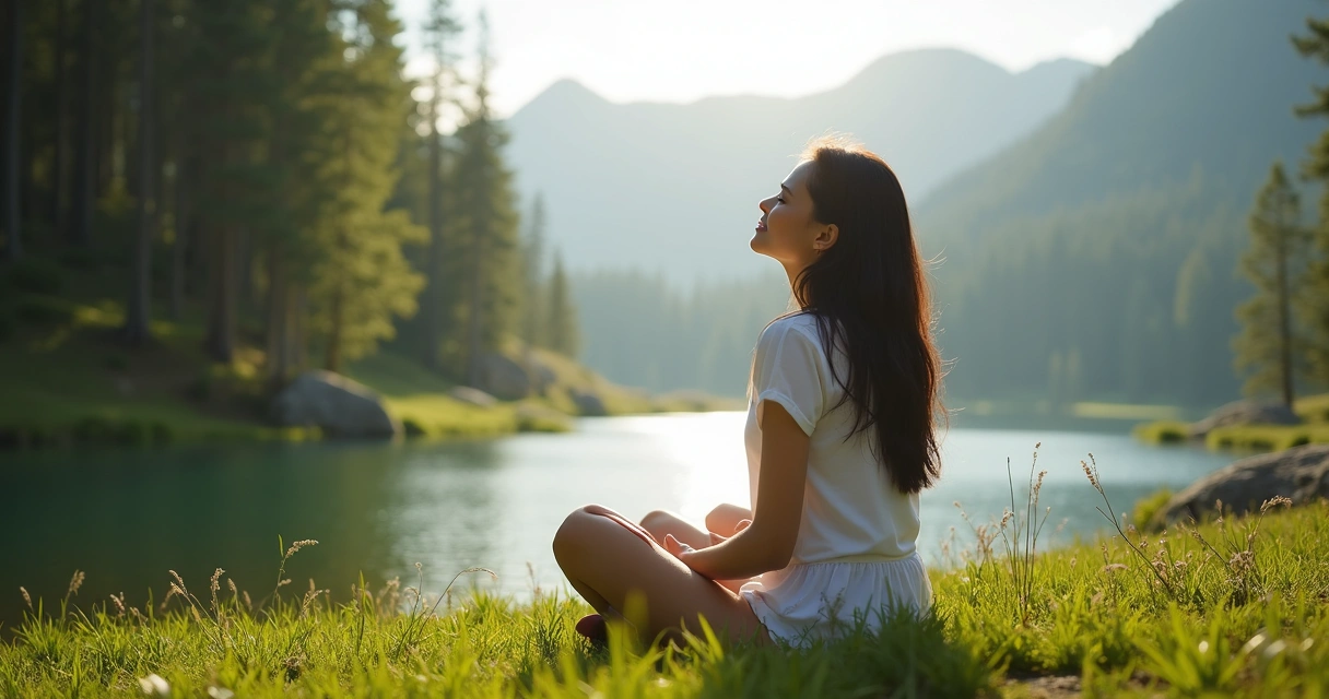 Woman meditating outdoors in a serene natural setting 