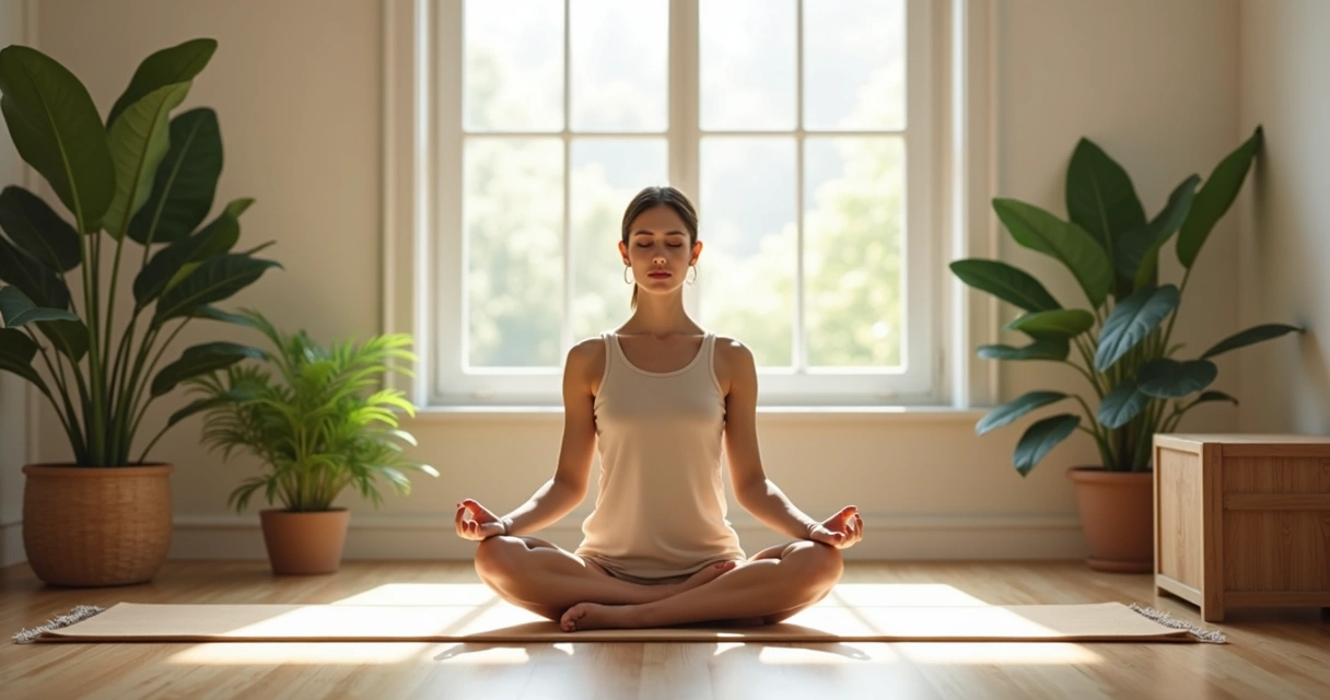 Woman sitting in meditation position, relaxed and calm, in a sunlit room with plants 