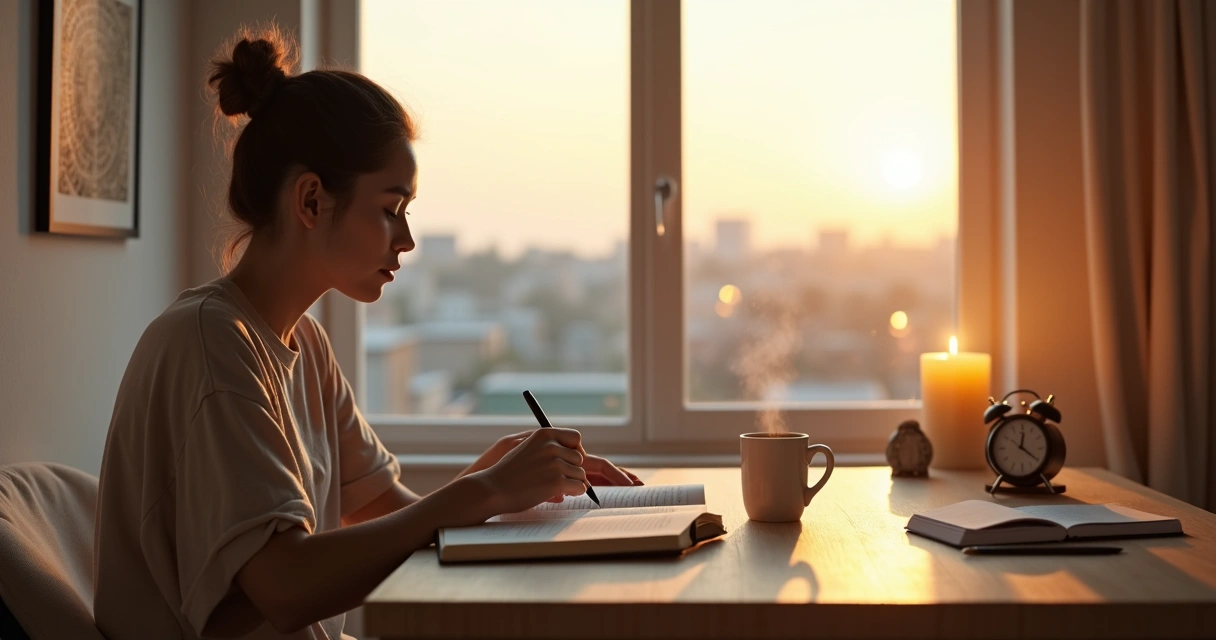 Person journaling mindfully at a desk with calm morning light 