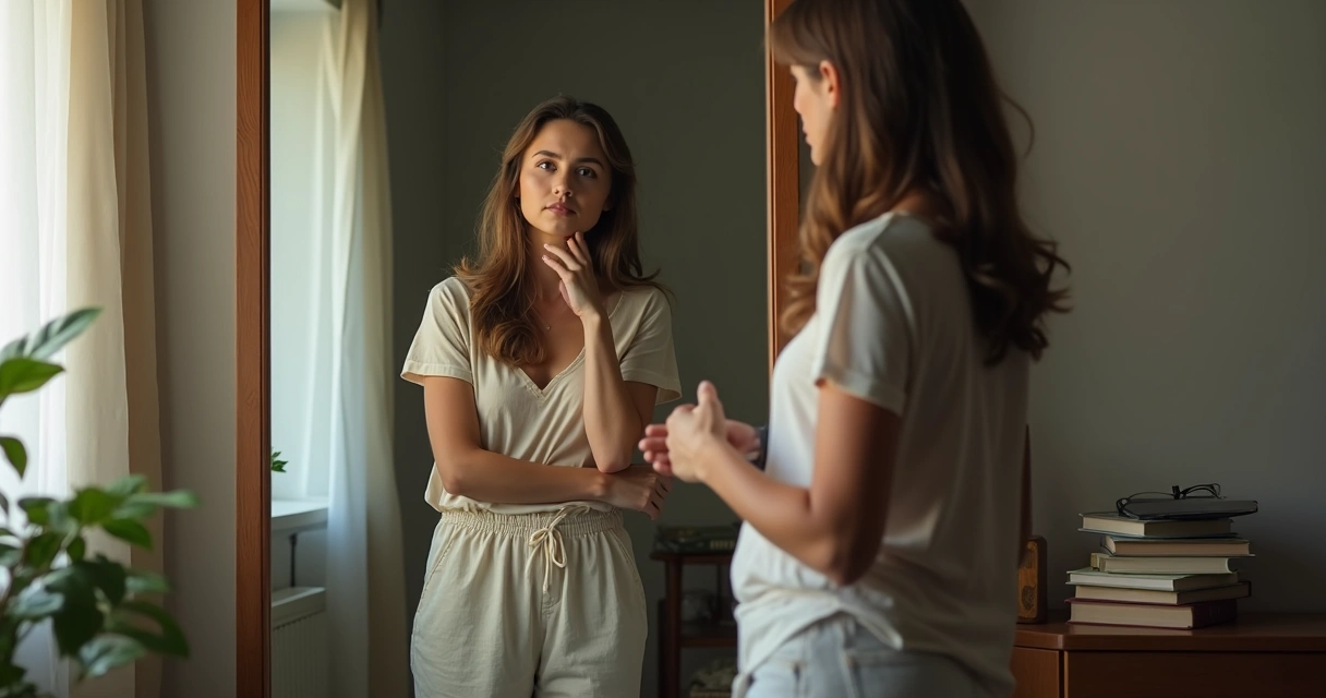 Woman looking at herself in the mirror, reflecting on emotions