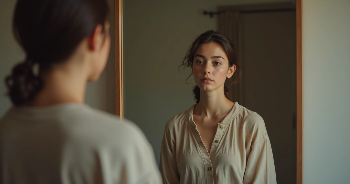Woman looking at her reflection in the mirror 
