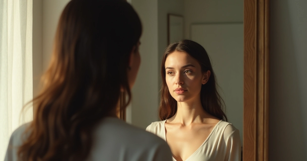 Woman looking at her reflection in a mirror 