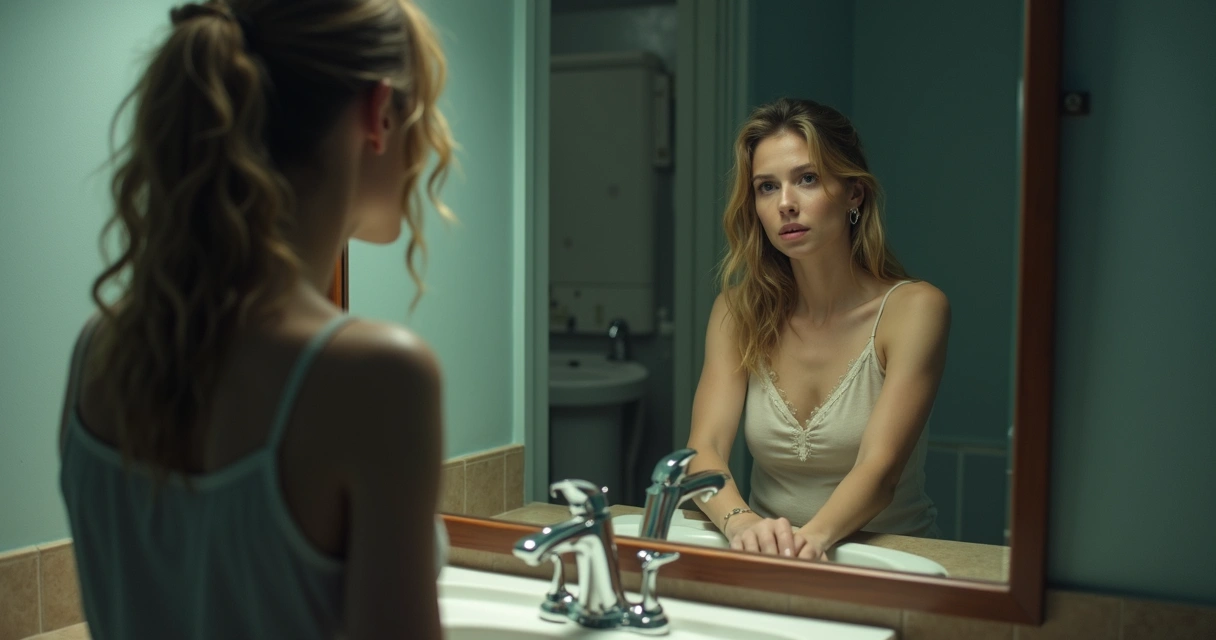 Woman looking at her reflection in the mirror, lost in thought. 