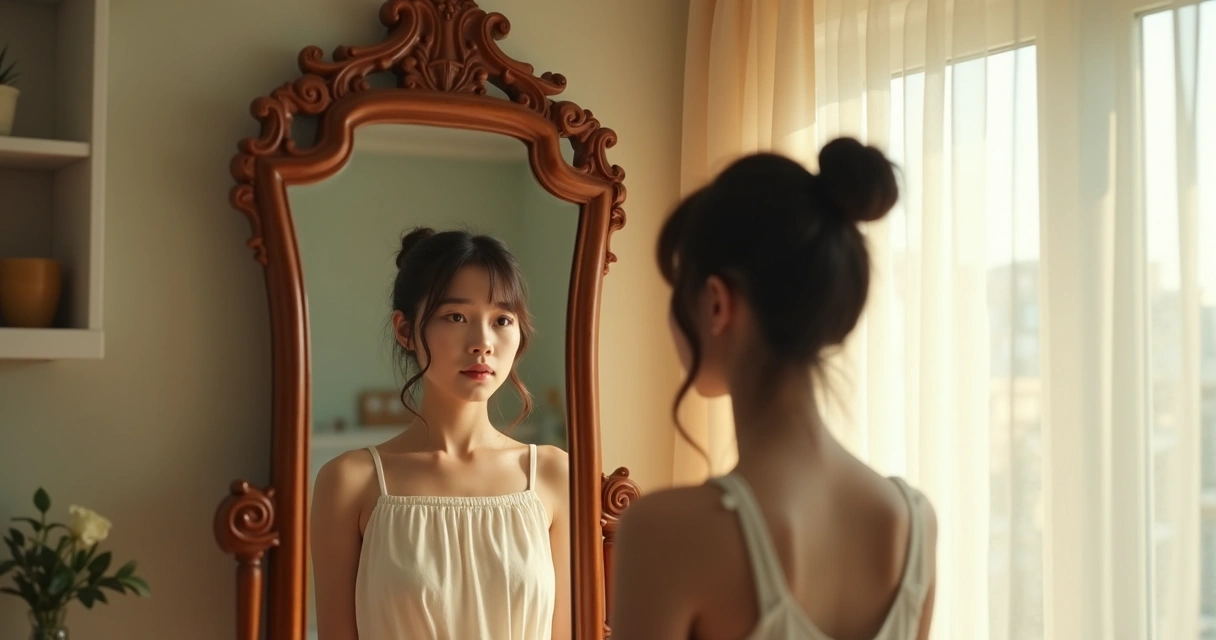 Young woman looking thoughtfully at her reflection in a mirror