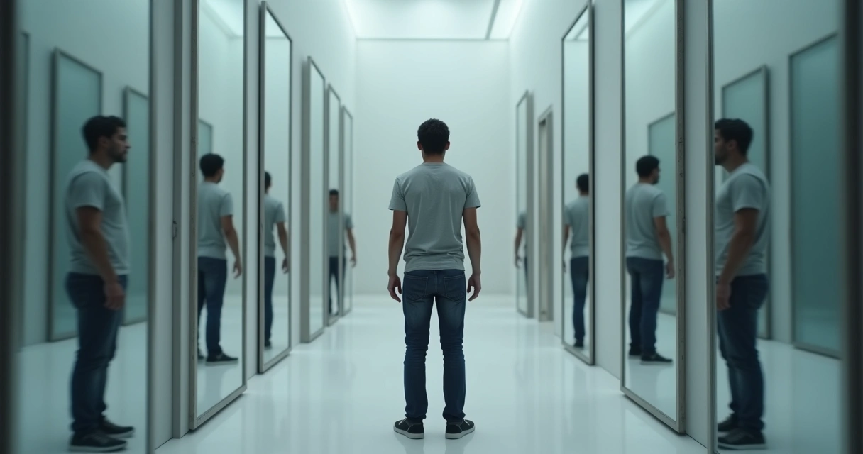 Person surrounded by fragmented mirrors reflecting distorted self-images 