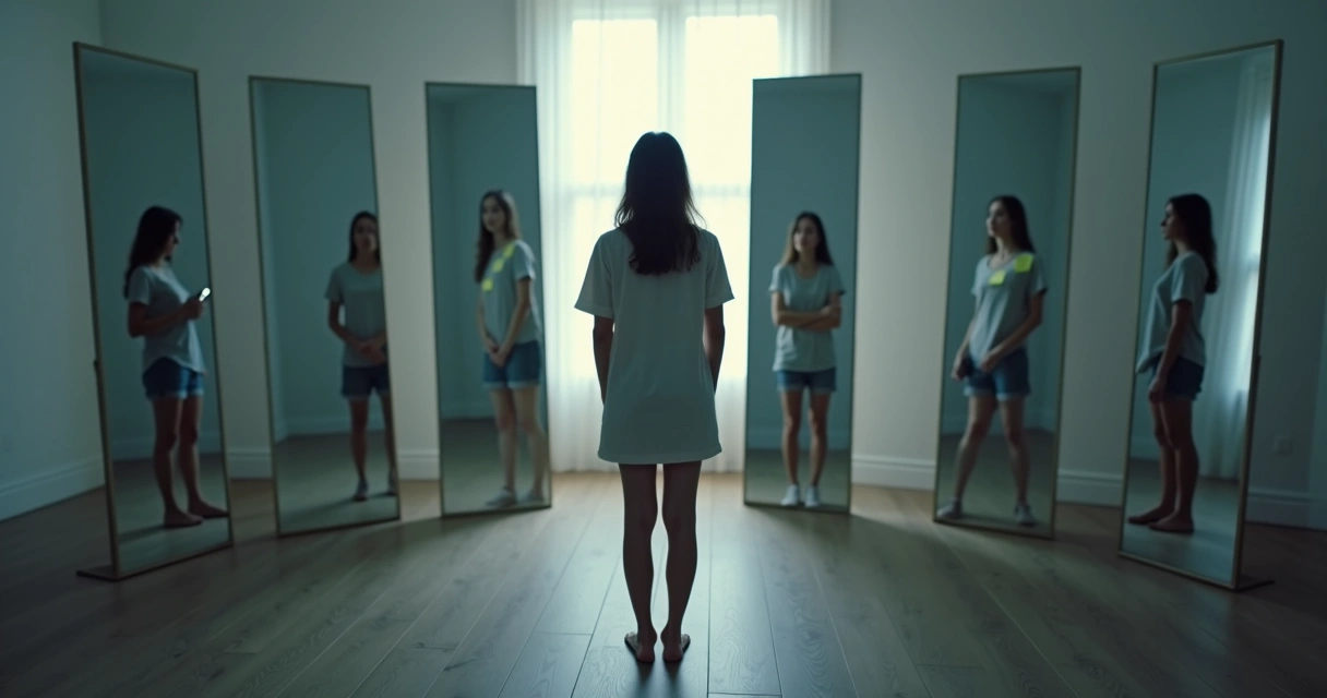 Person facing multiple mirrors showing fragmented reflections 