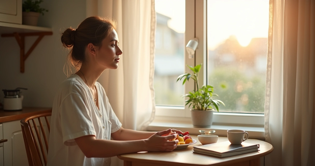 Woman enjoying calm breakfast by window 