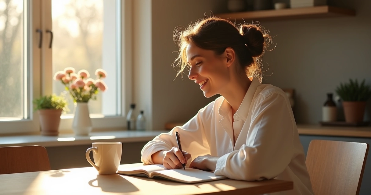 Woman journaling with coffee cup at a sunlit table 