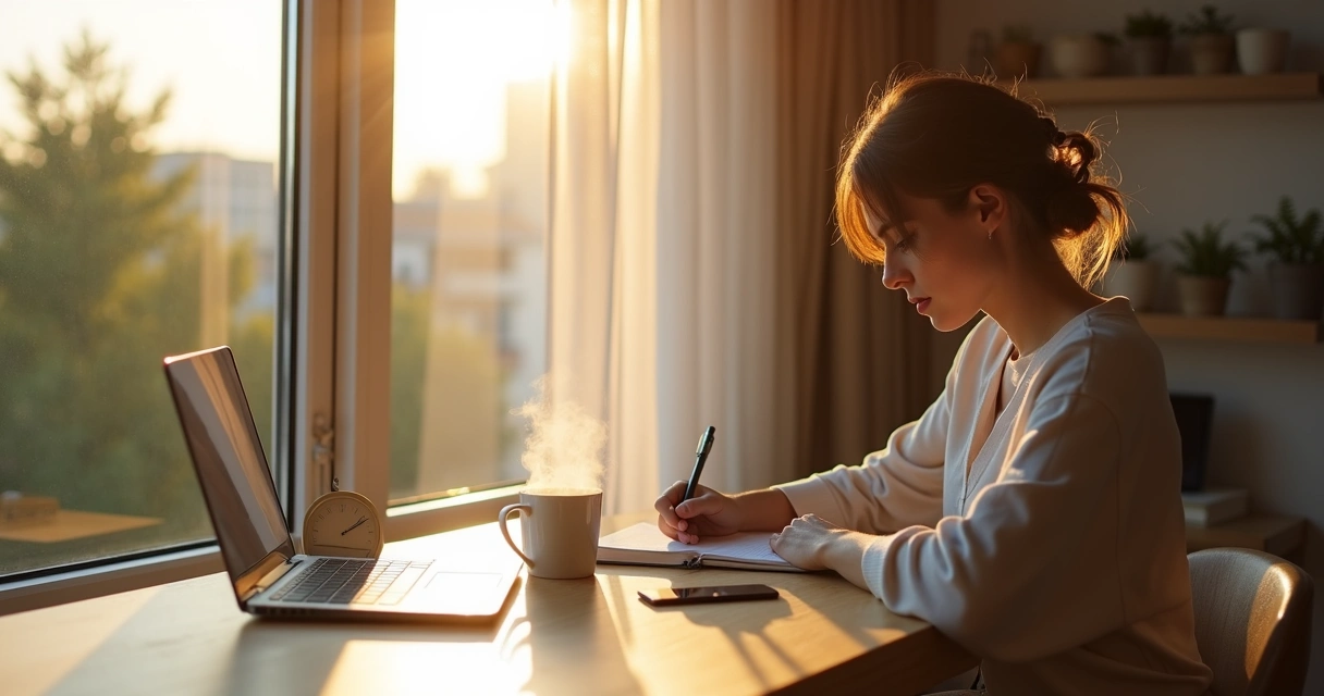 Person journaling with morning coffee by a bright window 