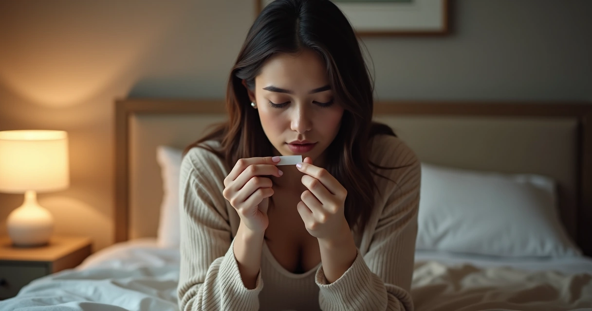 Woman preparing to tape mouth before sleep in bedroom 
