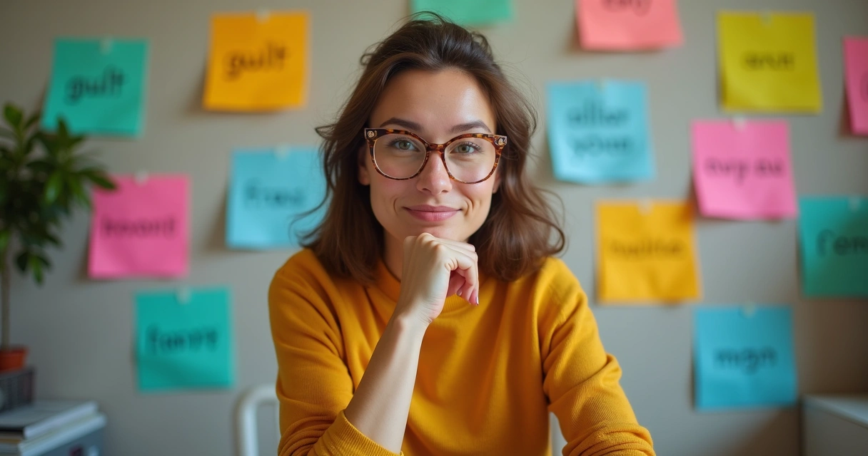 Woman contemplating with sticky notes of emotional words