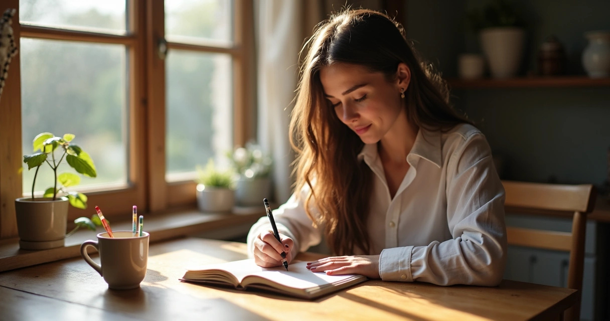 Woman writing feeling words in a journal