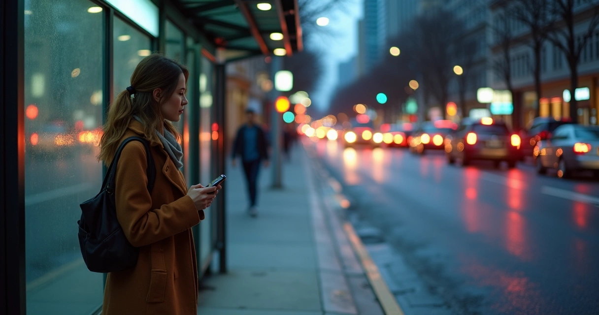 Woman waiting at a bus stop at dusk 
