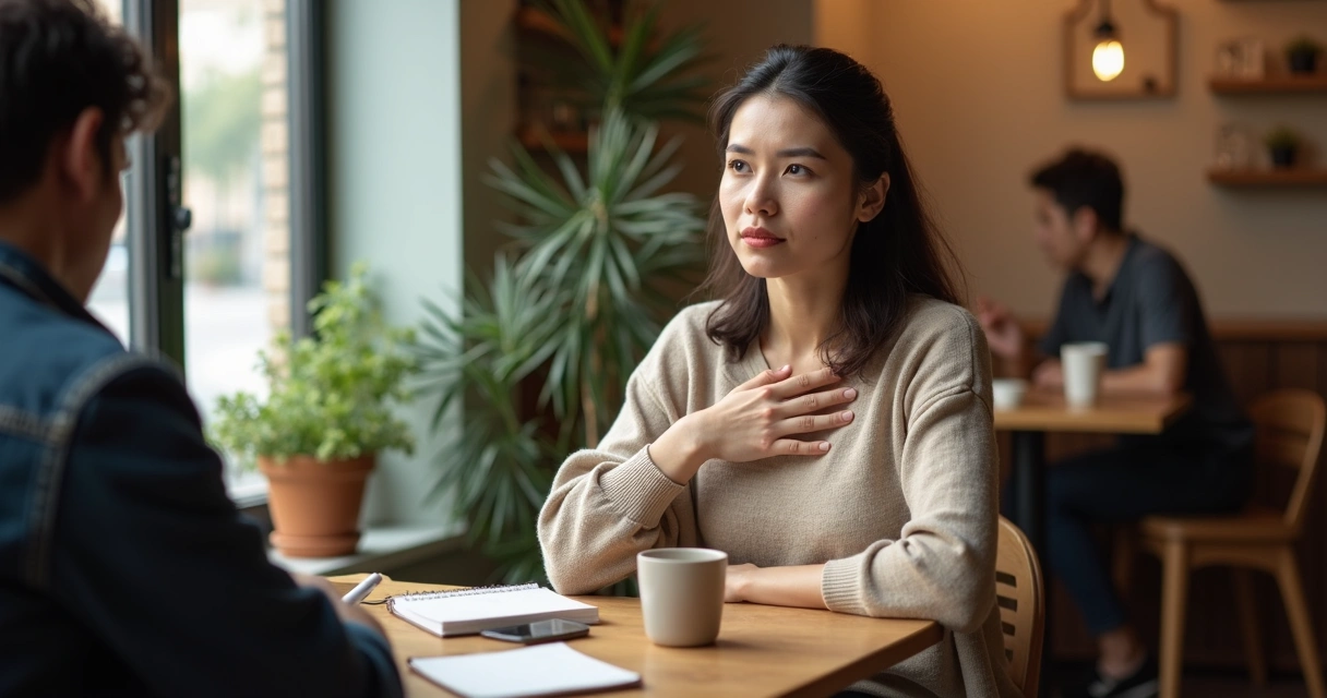 Woman pausing in a busy cafe and touching her chest in quiet self-reflection 