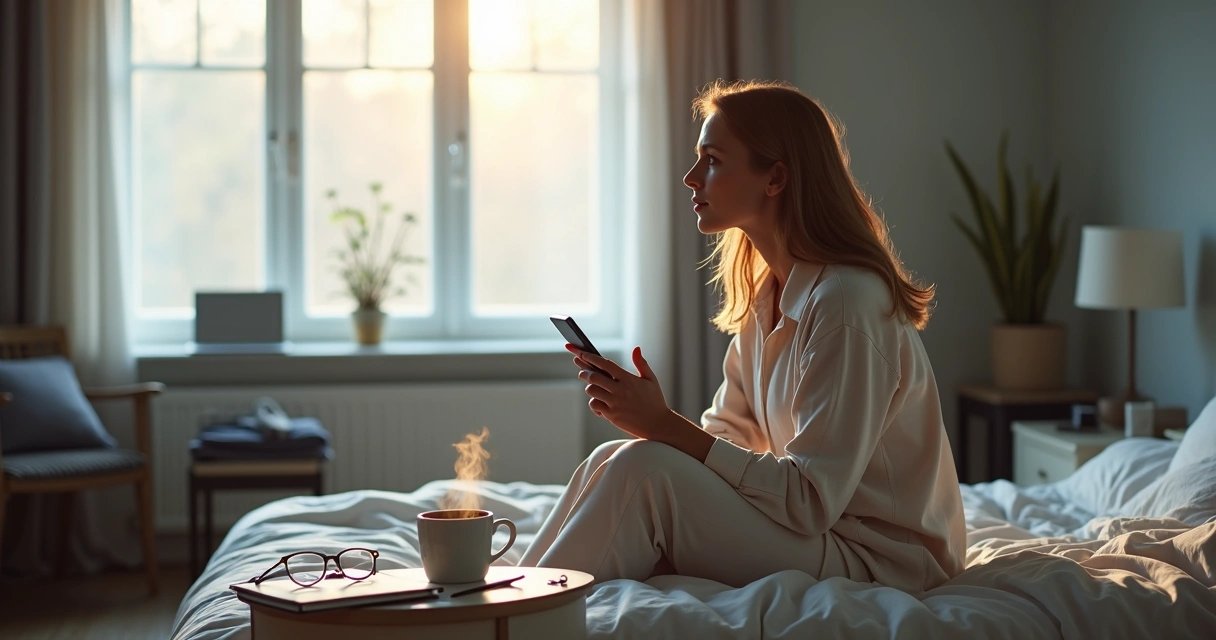 Woman pausing thoughtfully in morning routine noticing unconscious triggers 