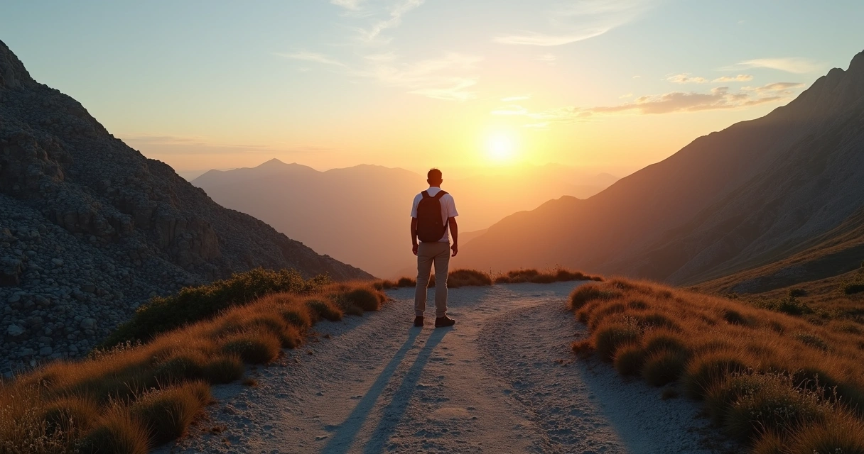 Person standing at a mountain crossroads at sunrise contemplating life choices 