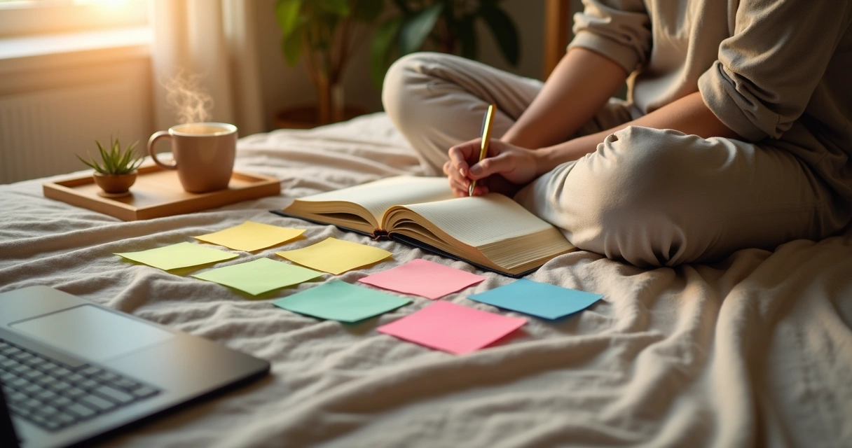 Person sitting on bed journaling with colored notes around to organize emotions 