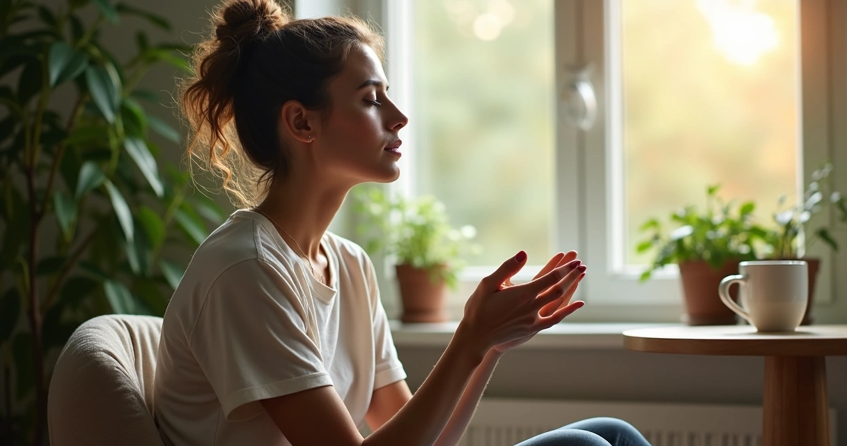 Woman pausing with eyes closed, gently breathing in soft natural light 