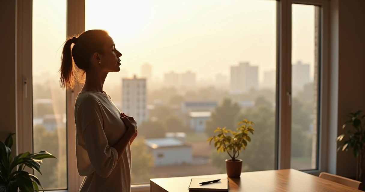 Person pausing by a window with soft light and a calm city view 