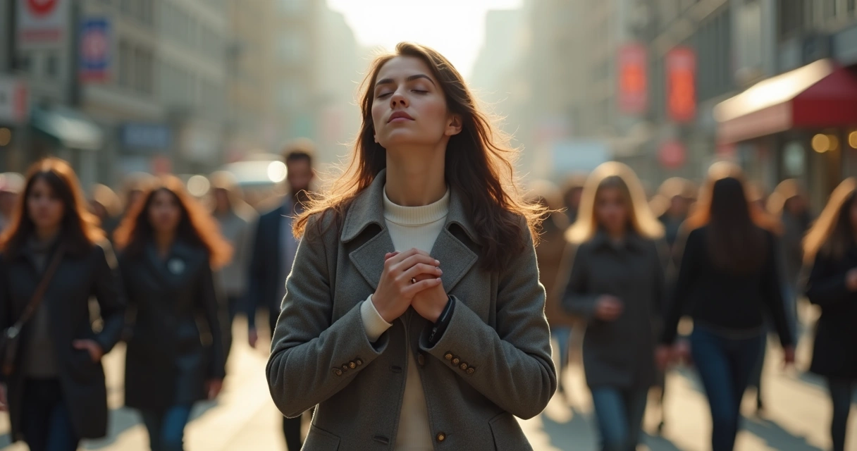 Woman standing still in city street with eyes closed, appearing thoughtful, while people walk by in a blur