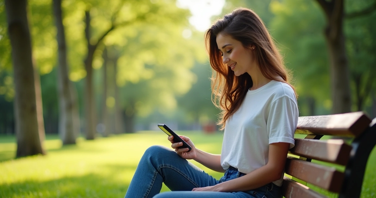 Jovem mulher sentada em um banco de parque, segurando o celular ao lado enquanto observa as árvores em silêncio.