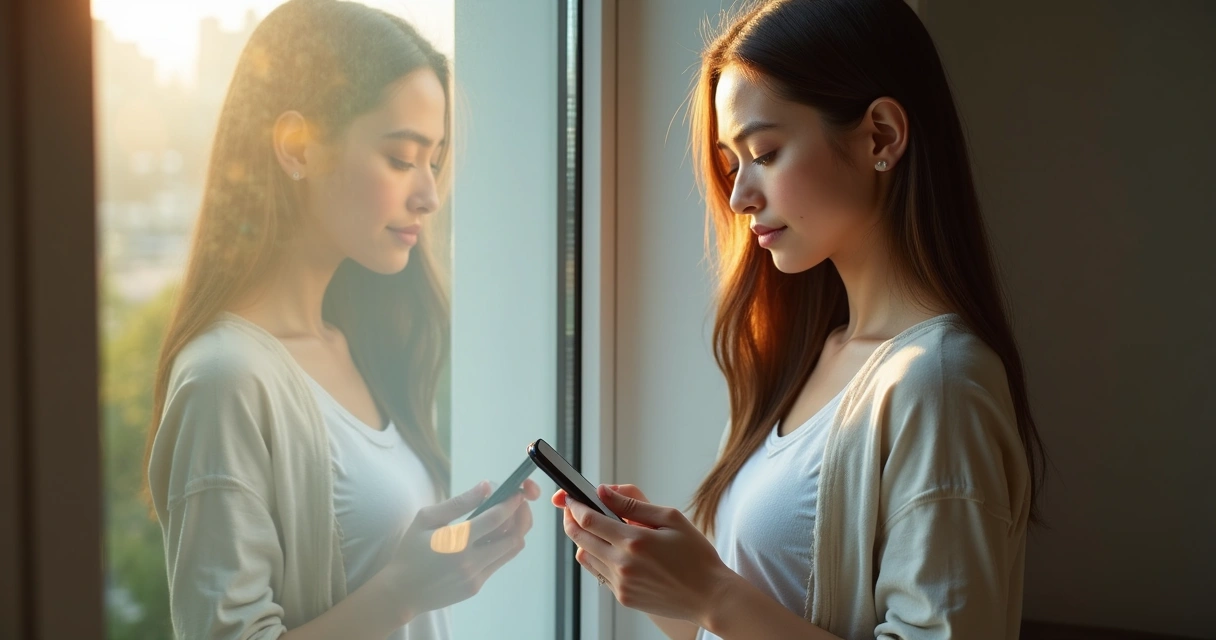Young woman holding smartphone near window, looking thoughtful