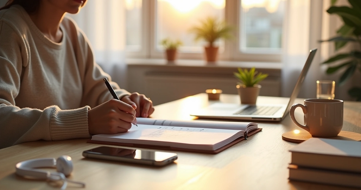 Person planning the day at a tidy desk with sunlight and plants 