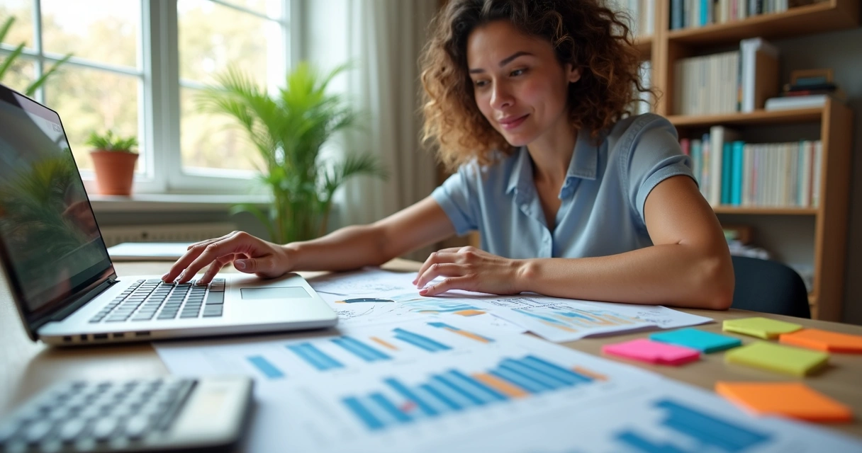 Woman sitting at a desk organizing finances with laptop, calculator, charts and notes 