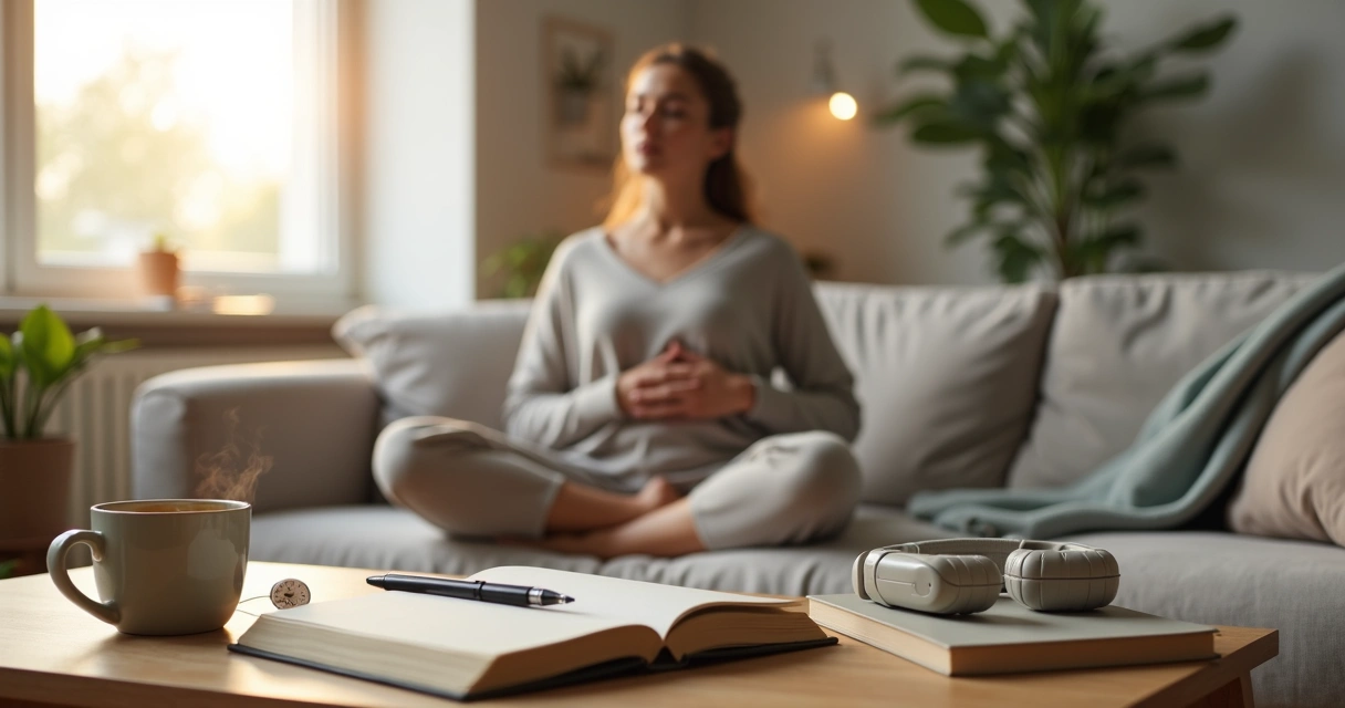 Woman sitting on sofa practicing mindful breathing with journal and tea nearby 