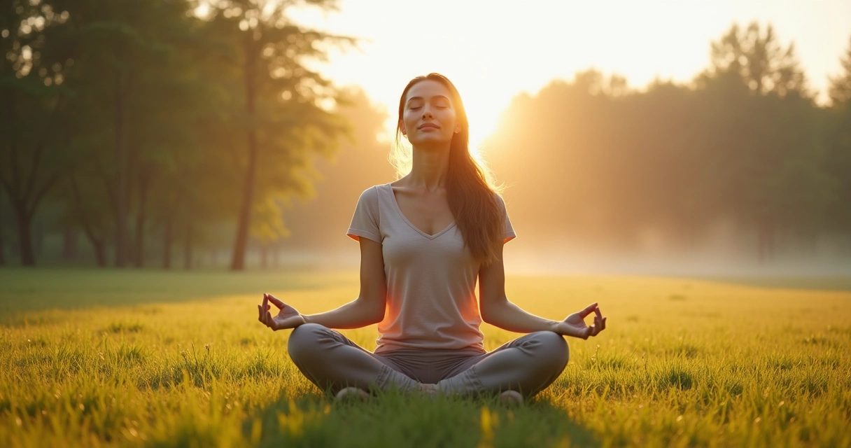 Woman sitting cross-legged outdoors practicing deep breathing with eyes closed 