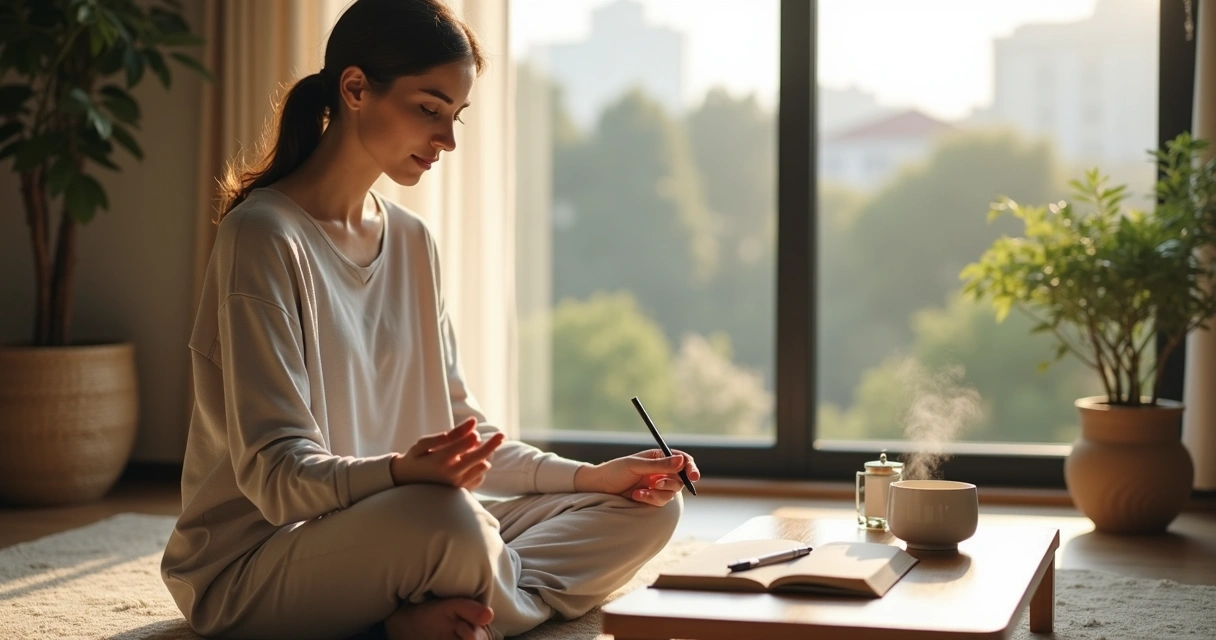 Woman journaling and meditating by a window with soft morning light 