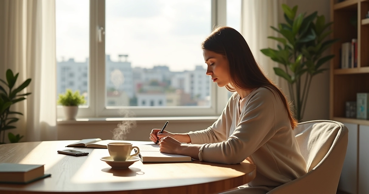 Calm woman journaling by a window and practicing emotional self-regulation 