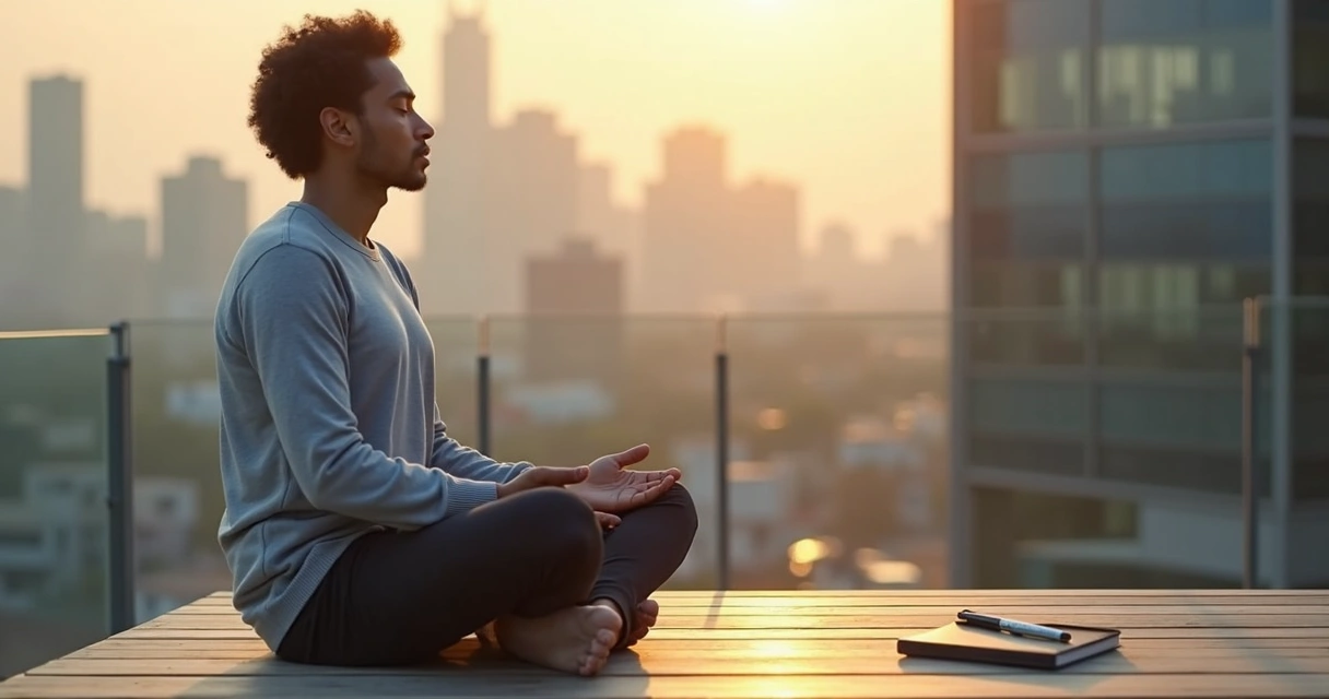 Person practicing mindful breathing in a stressful urban setting 